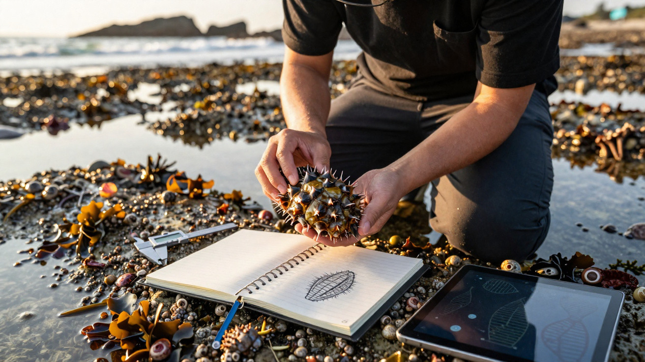 Pessoa estudando um ouriço-do-mar na praia com caderno e tablet ao redor, contemplando a maré baixa.
