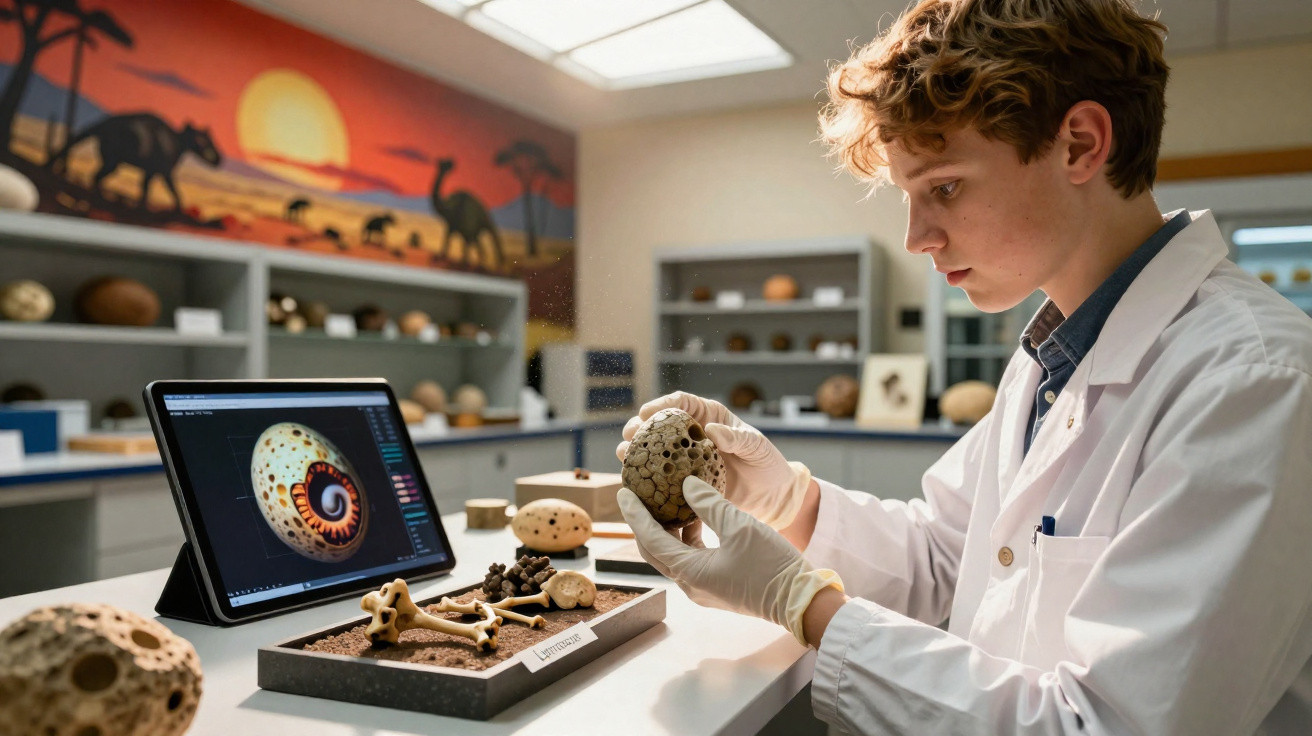 Jovem cientista analisa fóssil em laboratório com tablet exibindo imagem digitalizada do objeto.