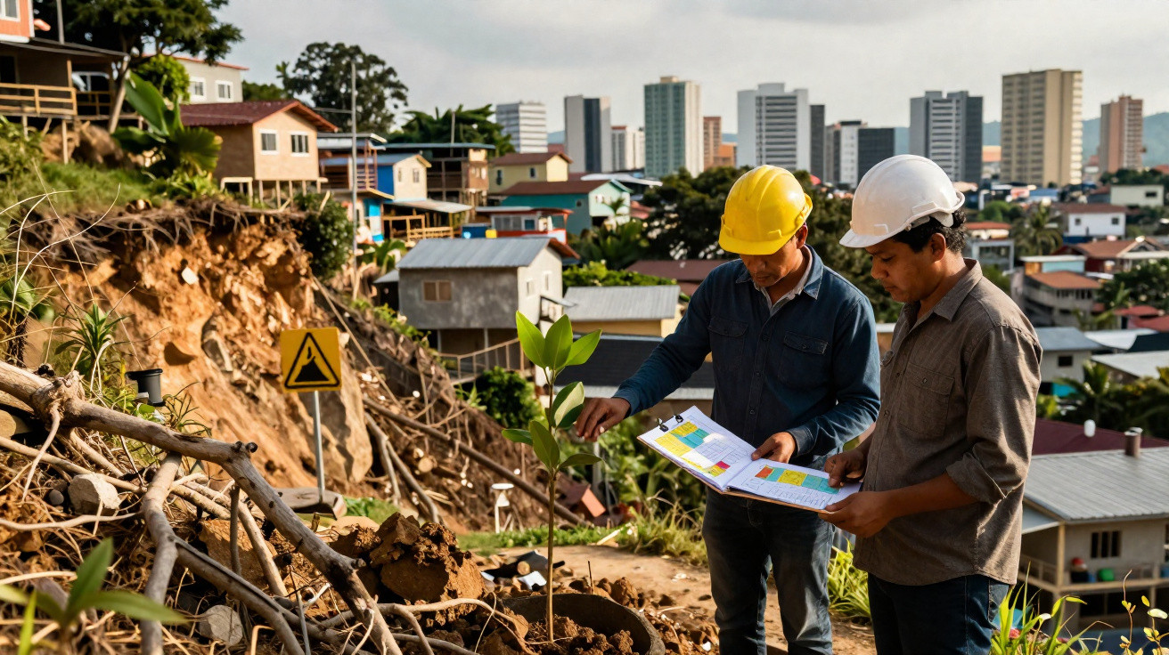 Dois engenheiros com capacetes analisam plantas ambientais próximo a área de deslizamento em área urbana.