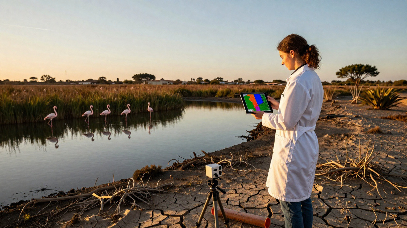 Mulher de jaleco branco usa tablet junto a equipamento em área seca perto de rio com flamingos ao pôr do sol.