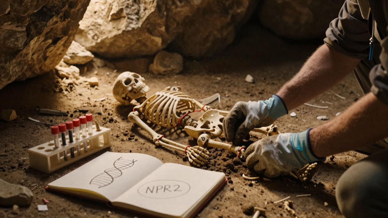 Pesquisador analisa esqueleto humano em caverna com tubos de ensaio e caderno aberto ao lado.