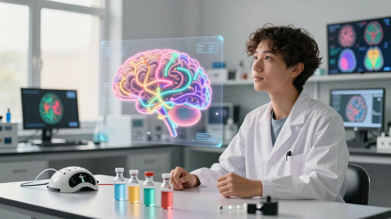 Pesquisador em laboratório observa imagem holográfica colorida do cérebro humano em ambiente científico.