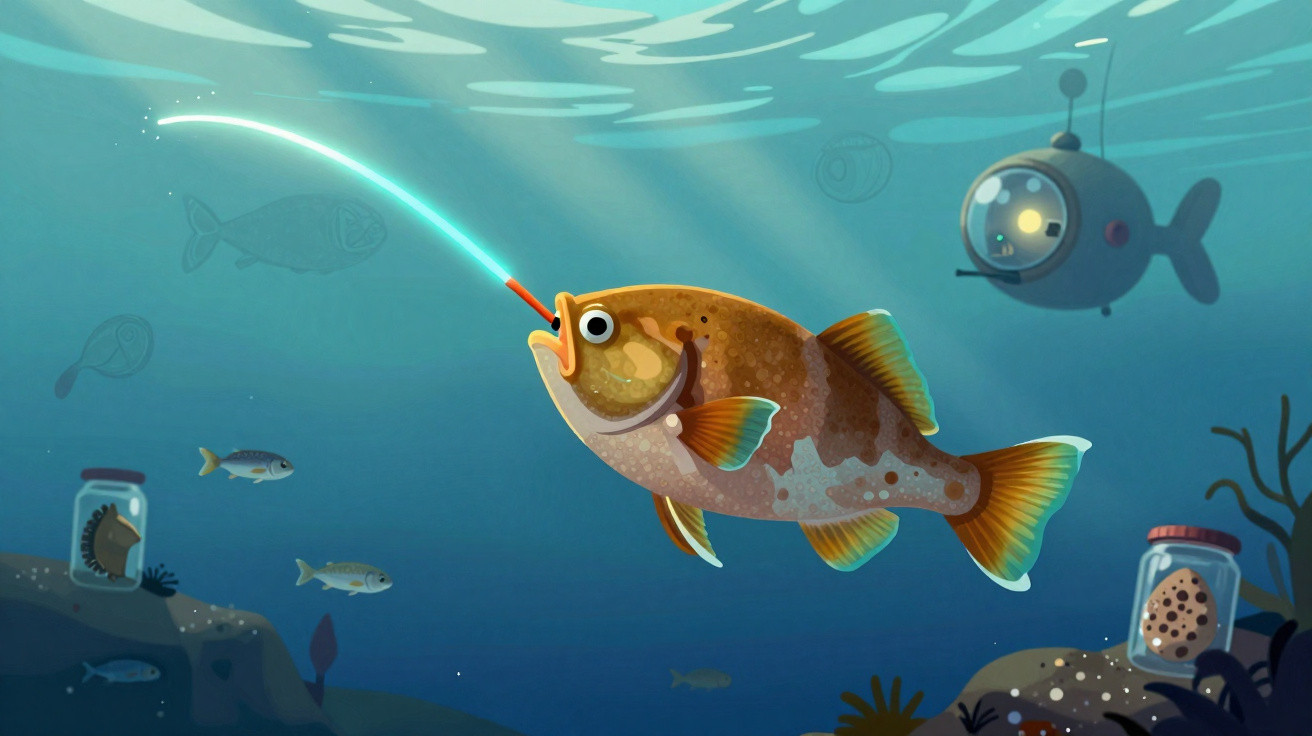 Peixe marrom com lança luminoso na boca em ambiente submarino com submarino e frascos no fundo.