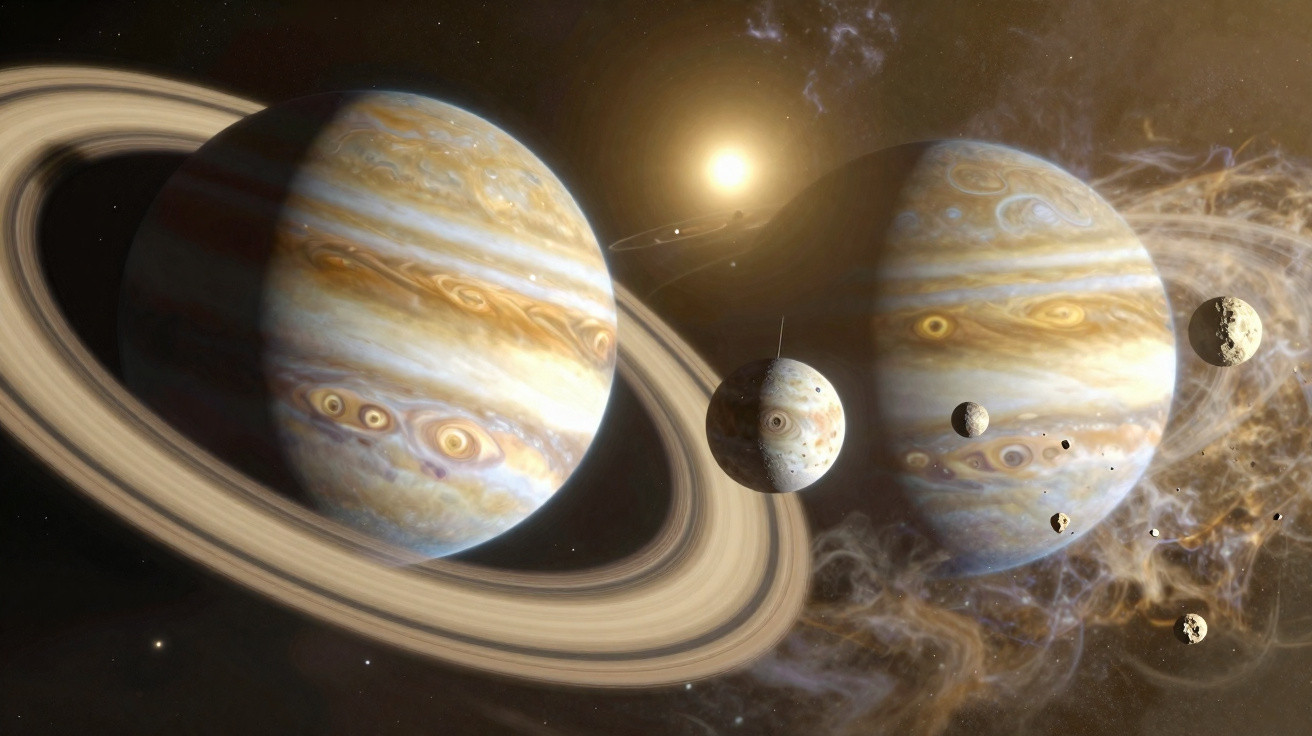 Representação artística do planeta Júpiter com seus anéis, luas e o Sol ao fundo no espaço.