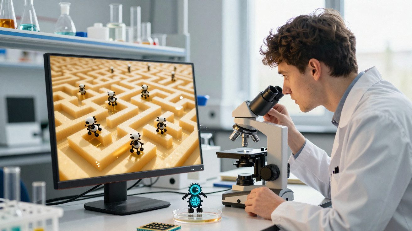 Cientista observa microscópio enquanto tela exibe labirinto com pequenos robôs no laboratório.