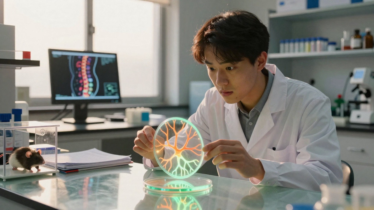 Pesquisador em laboratório observa modelo iluminado de células nervosas enquanto rato está em caixa de vidro.