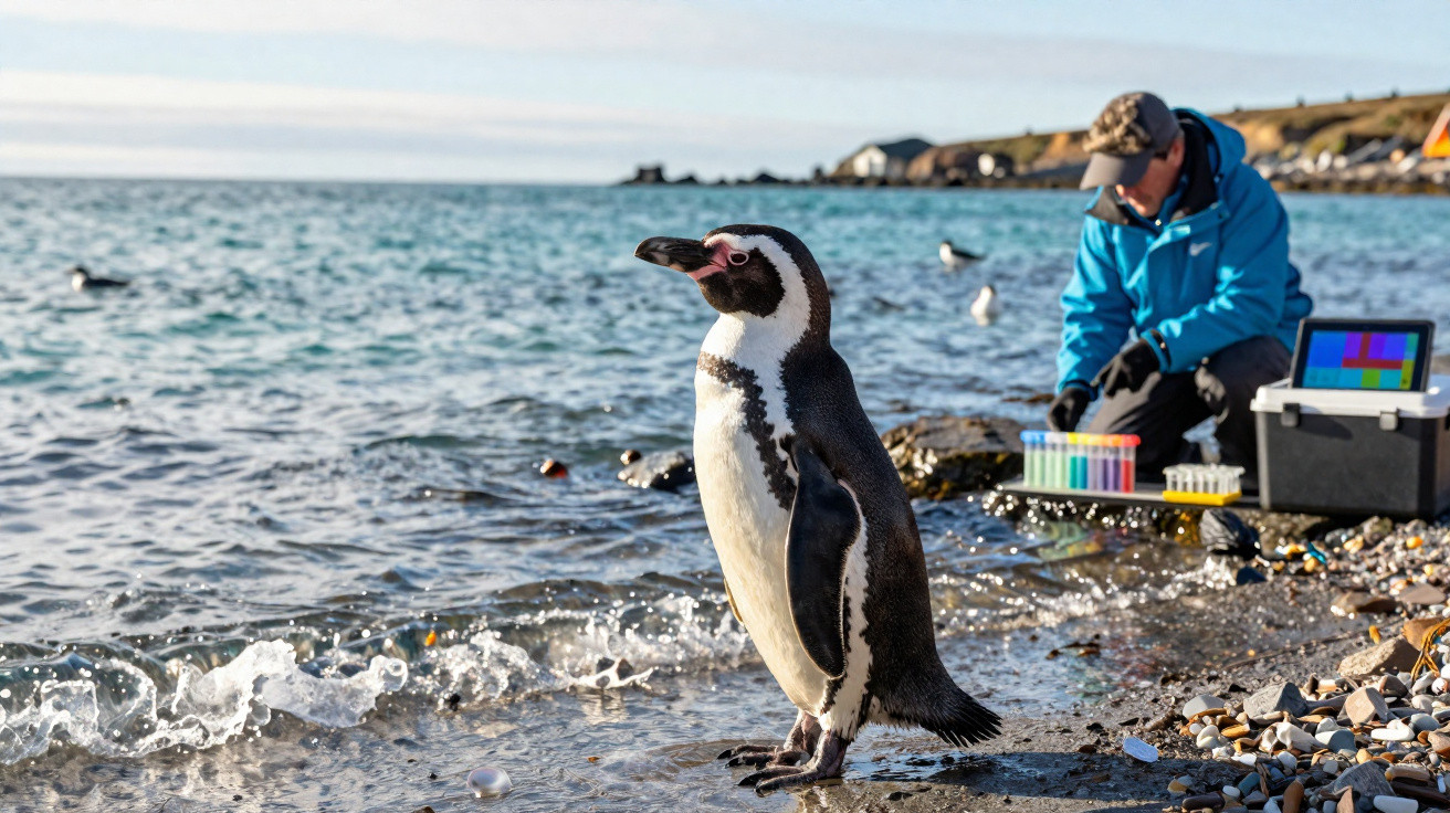 Pinguim na beira da praia com pesquisador e equipamentos científicos ao fundo em dia ensolarado.