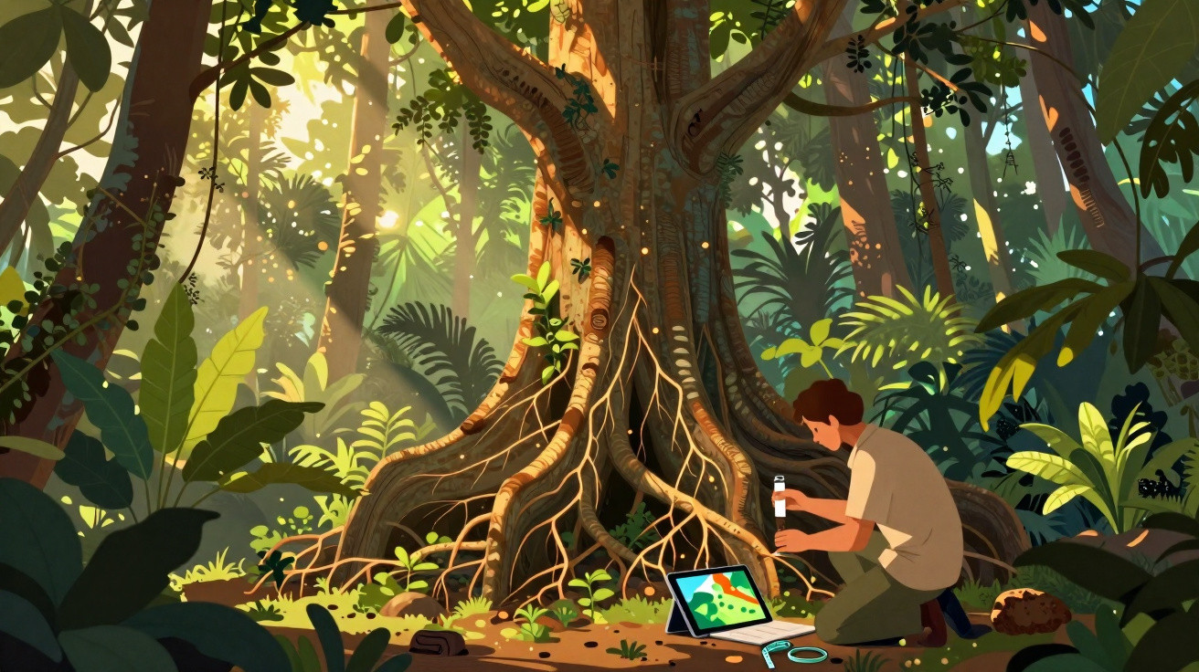 Pessoa analisando raiz de árvore grande na floresta com equipamento e laptop ao chão.