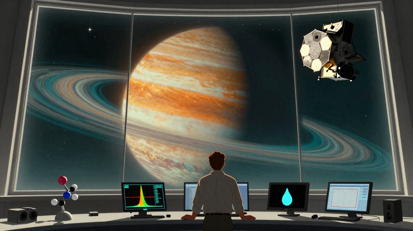Pessoa observa planeta com anéis e sonda espacial por grande janela em laboratório futurista com monitores ligados.