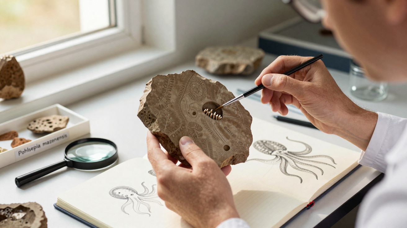 Pesquisador examina fóssil de trilobita com ferramenta, ao lado de livro ilustrado com desenho de octópode.