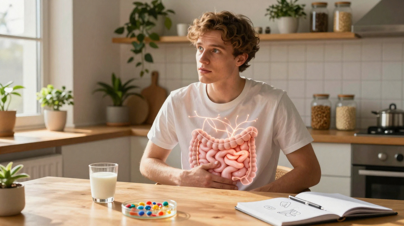 Jovem sentado à mesa segurando a barriga, com ilustração digital do intestino sobreposta ao corpo.