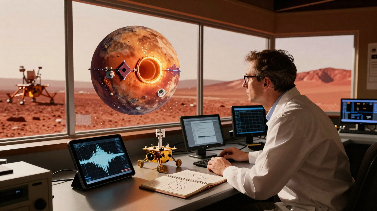 Cientista observa simulação de planeta vermelho e nave espacial em laboratório com monitores e controles.