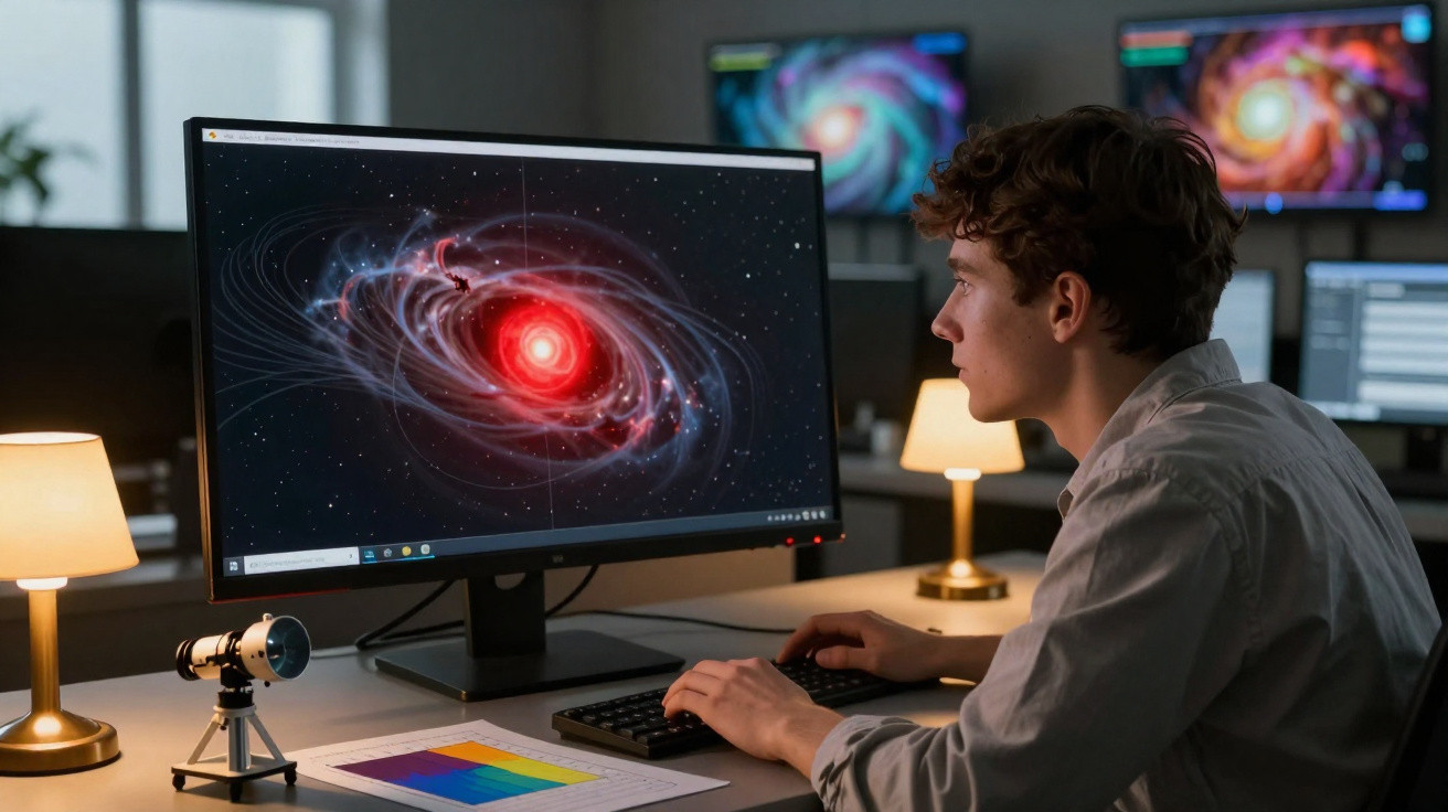 Jovem observa galáxia vermelha em computador em sala com telescópio e luzes de mesa acesas.