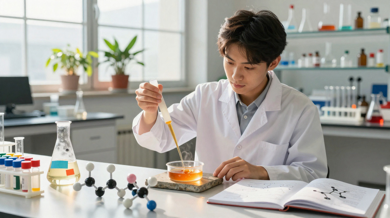 Jovem cientista em laboratório transferindo líquido com pipeta para recipiente com solução alaranjada.