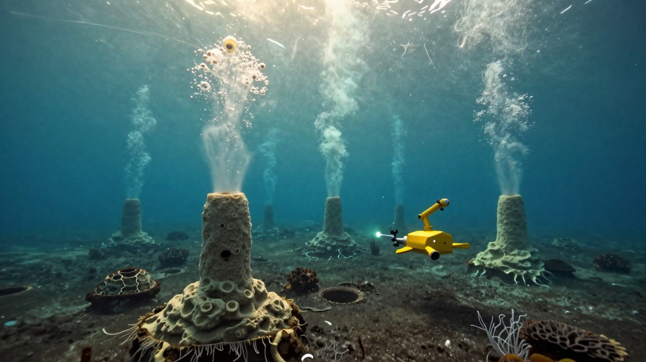 Veículo subaquático amarelo explorando fontes hidrotermais no fundo do oceano com bolhas de gás subindo.