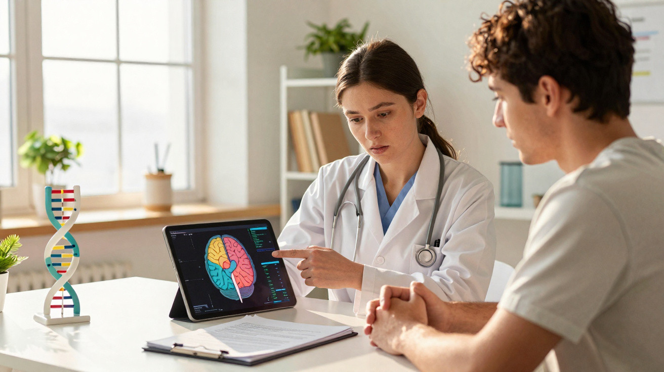 Médica explica detalhes de imagem cerebral para paciente em consultório moderno, com modelo de DNA ao fundo.