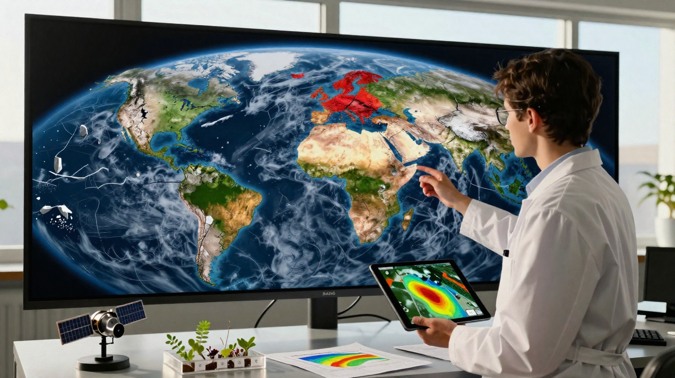 Cientista usando tablet junto a tela grande exibindo mapa climático global com destaque para Europa e África.