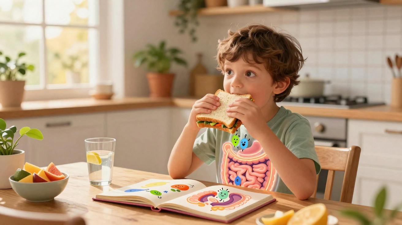 Criança com camiseta verde com ilustração do sistema digestivo comendo sanduíche na cozinha perto de frutas e copo d'água.