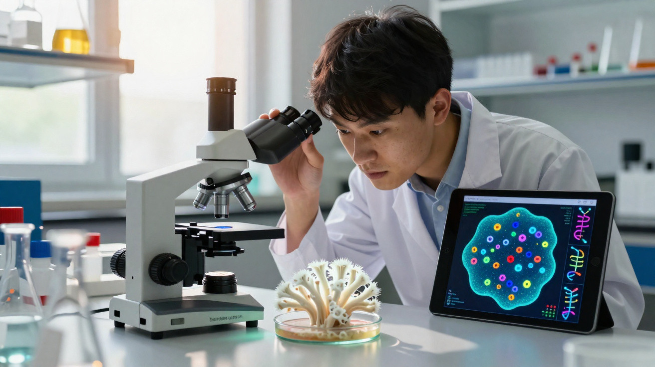 Cientista analisando amostra de coral e dados digitais em tablet em laboratório científico.