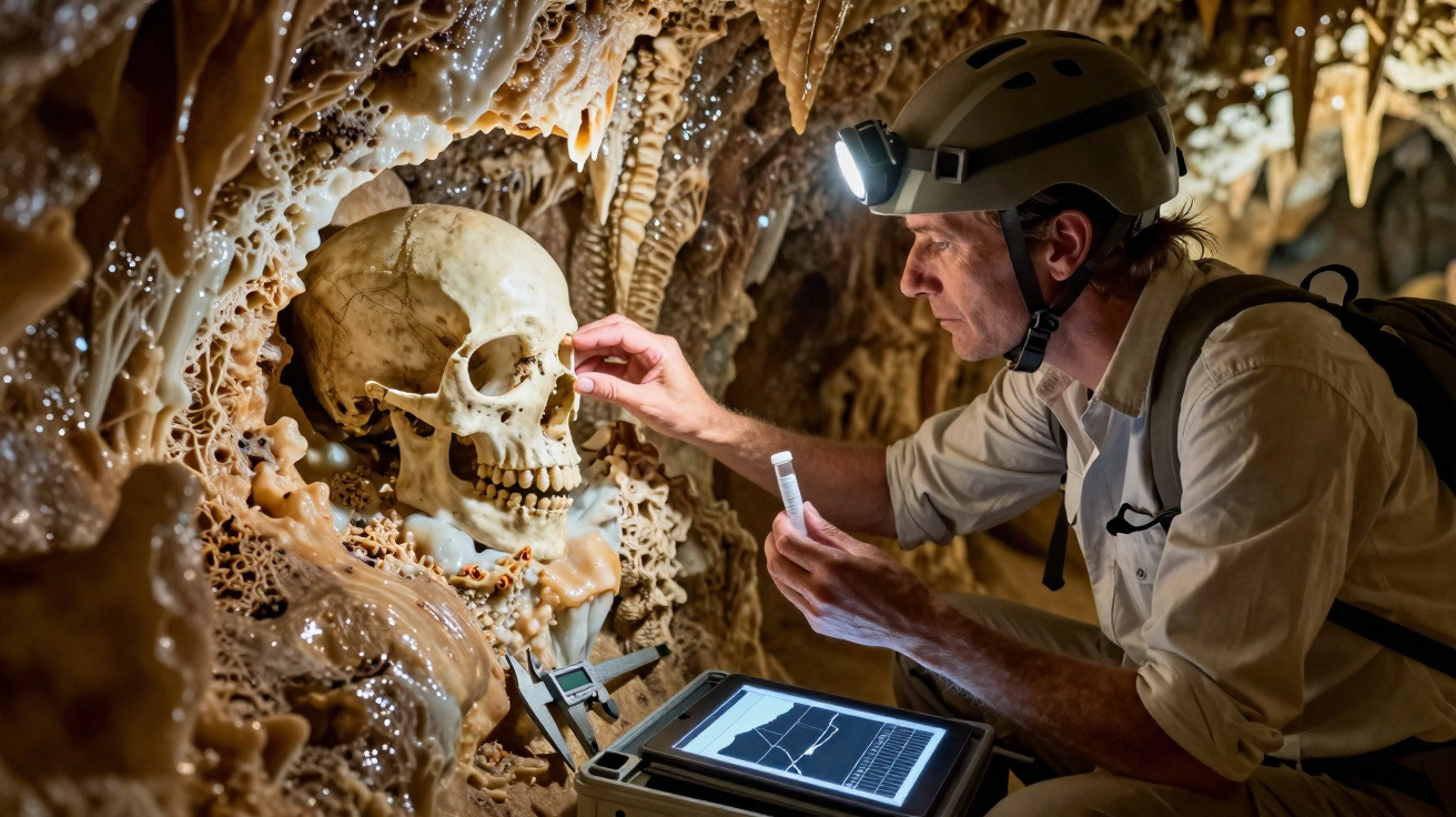 Explorador com capacete e lanterna analisa crânio humano em caverna com formações calcárias.