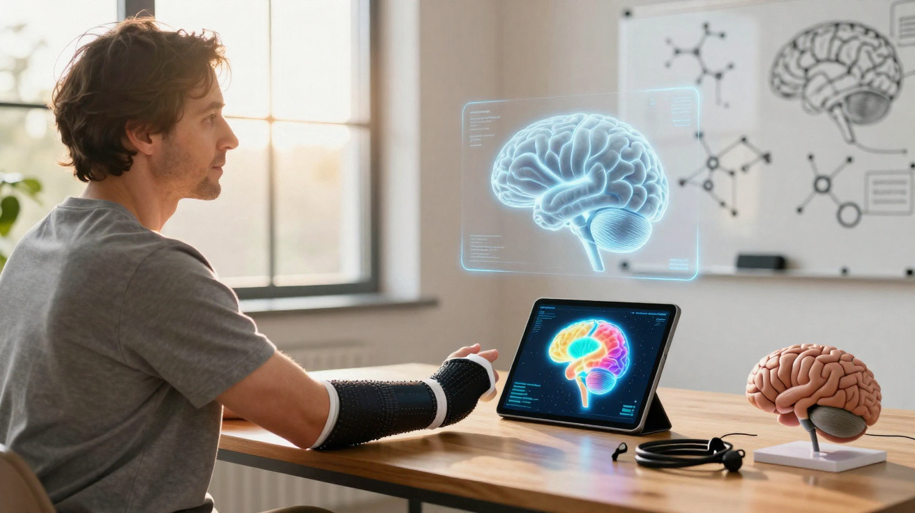 Homem com órtese no braço observa modelo digital de cérebro em tablet e holograma em sala iluminada.