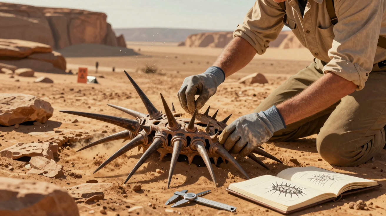 Pesquisador escavando objeto metálico com espinhos no deserto, ao lado de livro aberto e ferramenta.