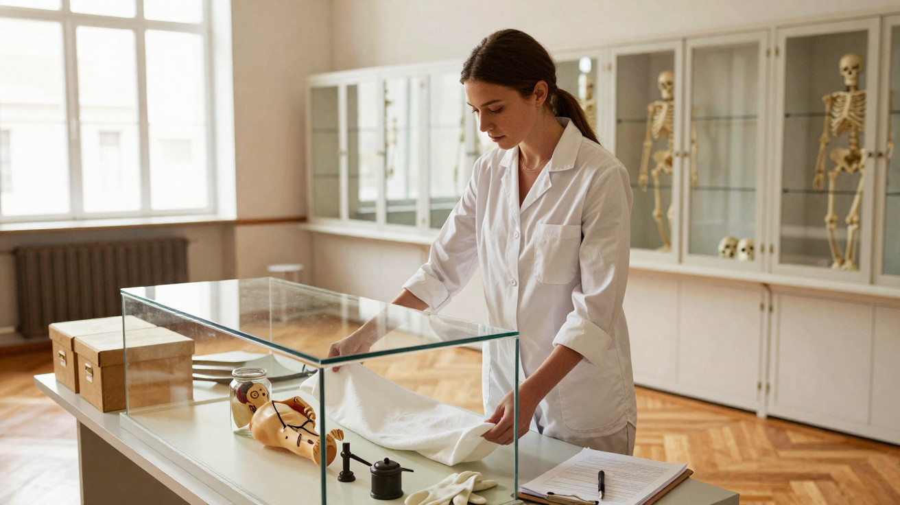 Mulher com jaleco branco organizando itens em vitrine, laboratório com esqueletos em armários ao fundo.