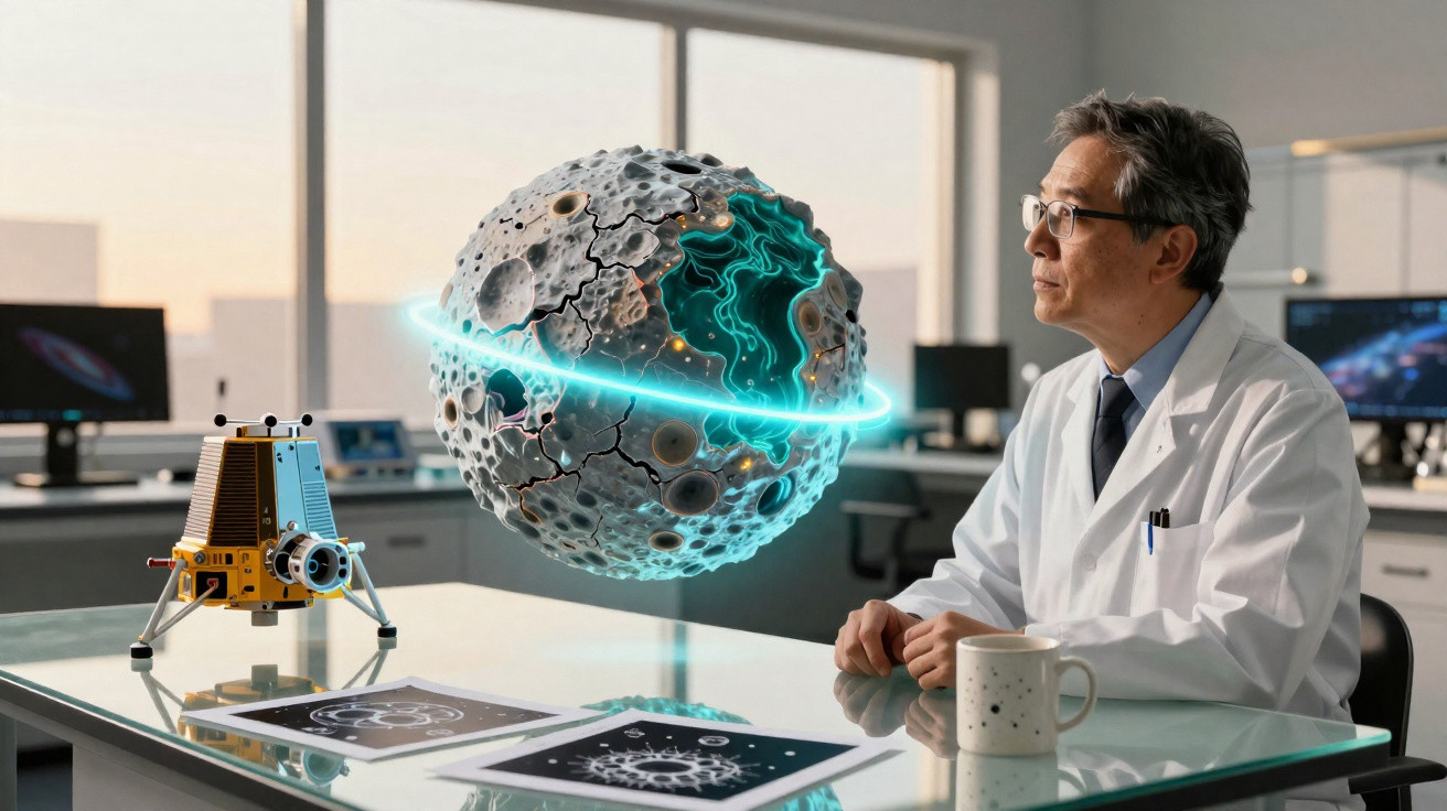 Cientista observa modelo holográfico de planeta craterado em laboratório tecnológico moderno.