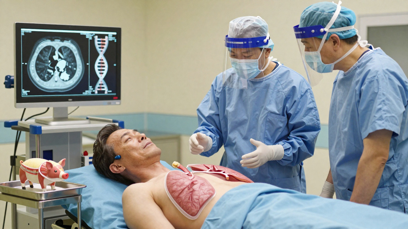 Paciente masculino deitado com pulmões expostos em simulação médica, observado por dois profissionais em hospital.