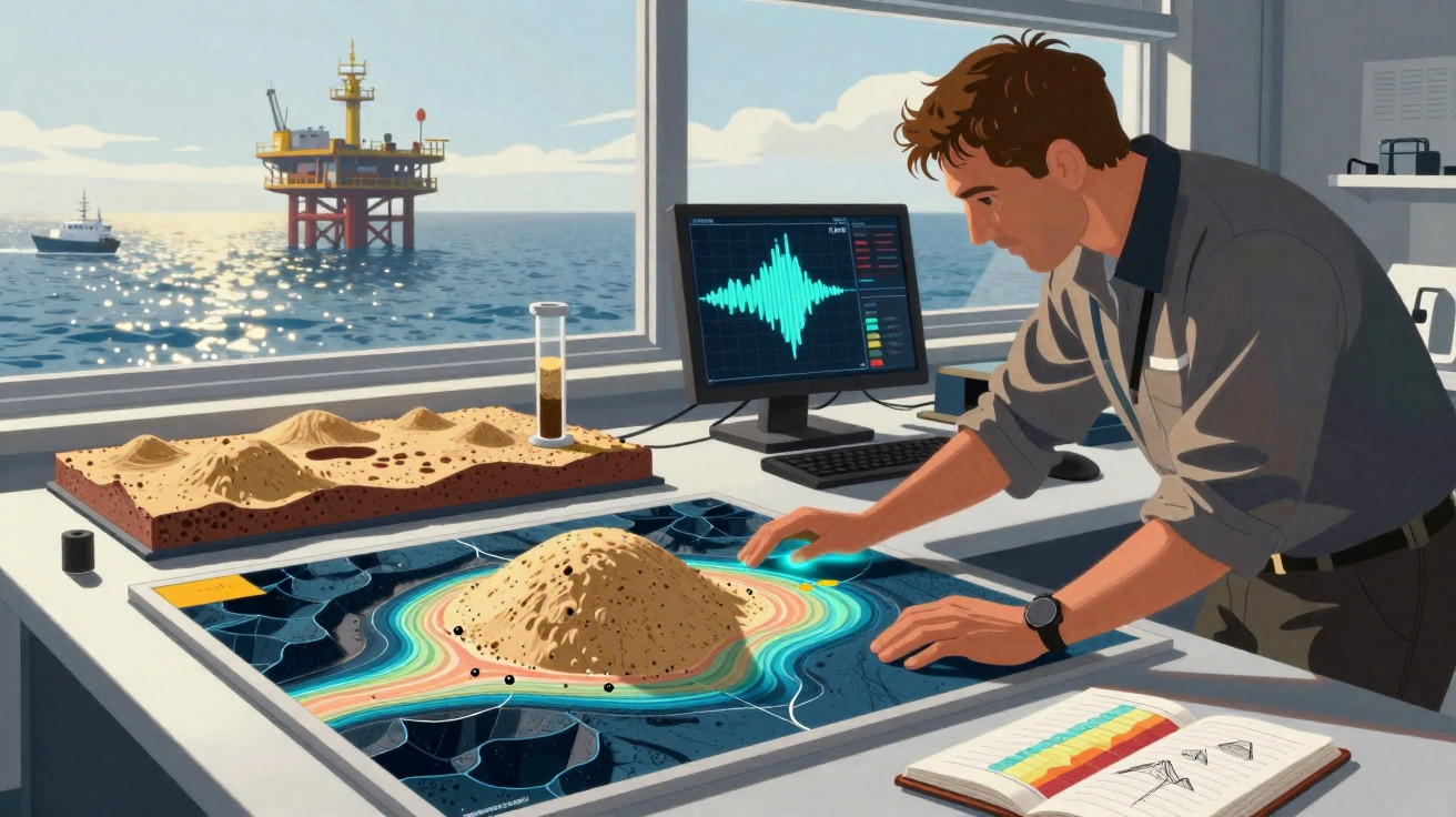 Homem analisa dados geológicos em mesa digital com plataforma de petróleo ao fundo vista pela janela.