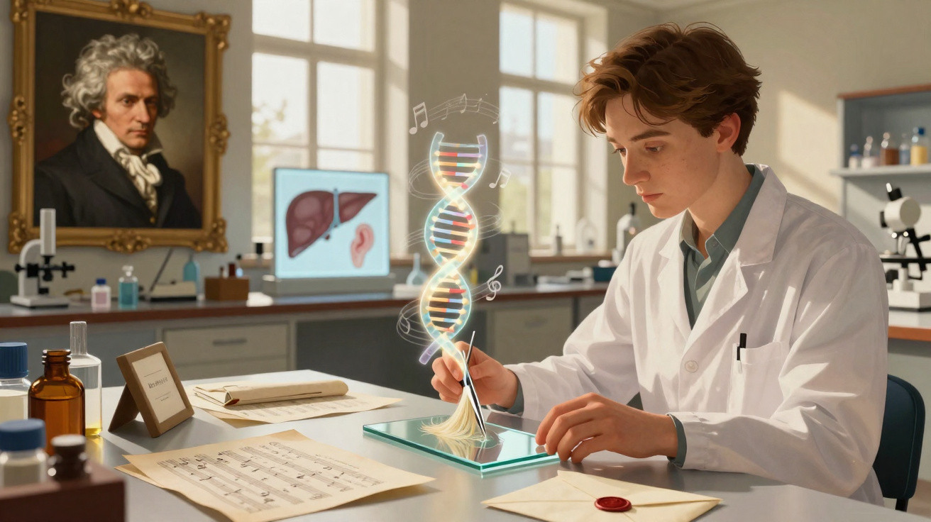 Jovem cientista em laboratório observando uma estrutura de DNA luminosa com notas musicais ao redor.