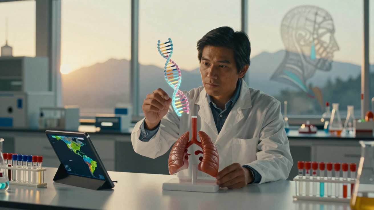 Cientista em laboratório analisando modelo de DNA e pulmões com tablet e tubos de ensaio ao redor.