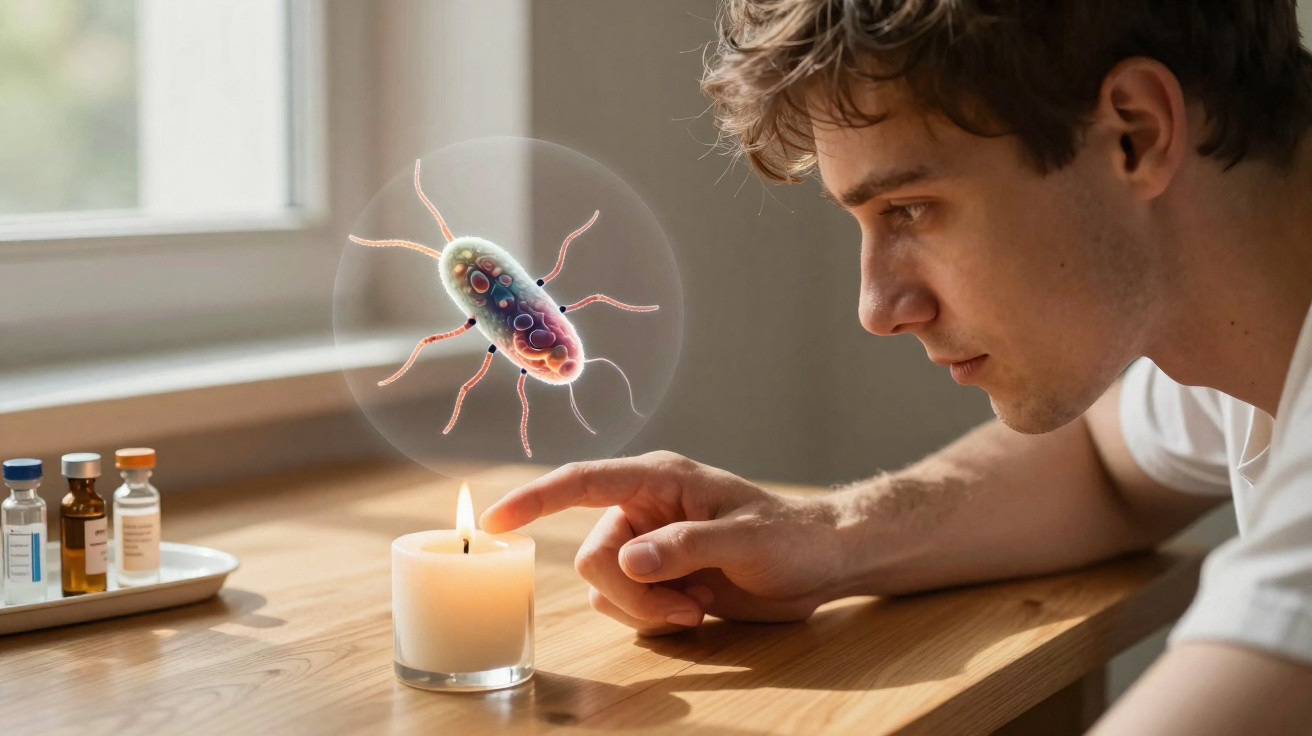Homem observando vela acesa em mesa, com imagem ampliada de bactéria flutuando acima da chama.