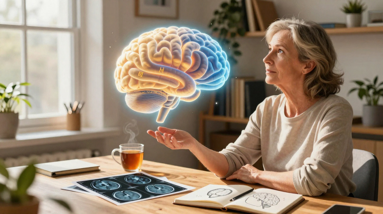 Mulher analisando imagem holográfica do cérebro com radiografias e caderno de estudo em mesa.