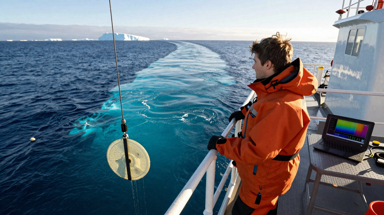 Pessoa com casaco laranja observa o mar azul e icebergues ao fundo a partir de um barco de pesquisa científica.