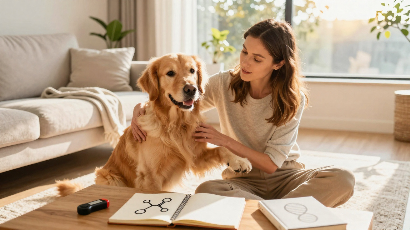 Mulher sentada no chão ao lado de cachorro golden retriever, com livros e anotações sobre mesa de centro.