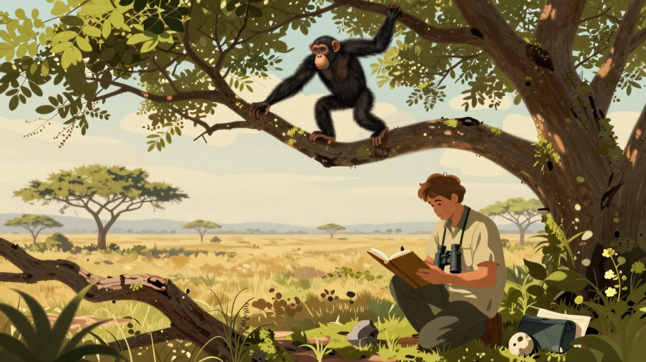 Jovem observador sentado sob árvore com binóculo e livro, chimpanzé no galho, savana ao fundo.