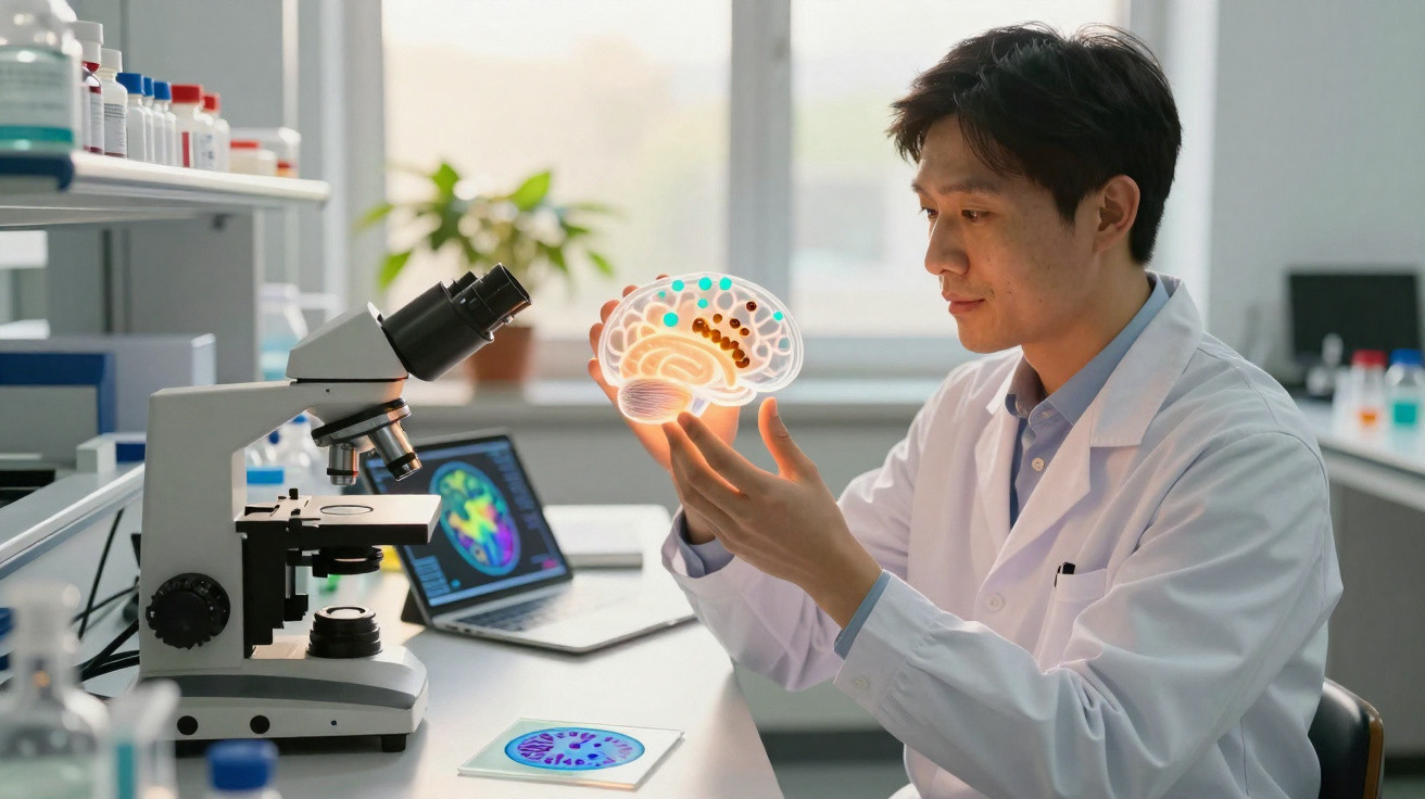 Cientista em laboratório analisando modelo holográfico do cérebro ao lado de microscópio e laptop.