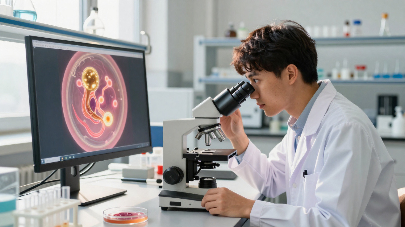 Jovem cientista olha em microscópio com imagem celular em monitor de computador ao lado.