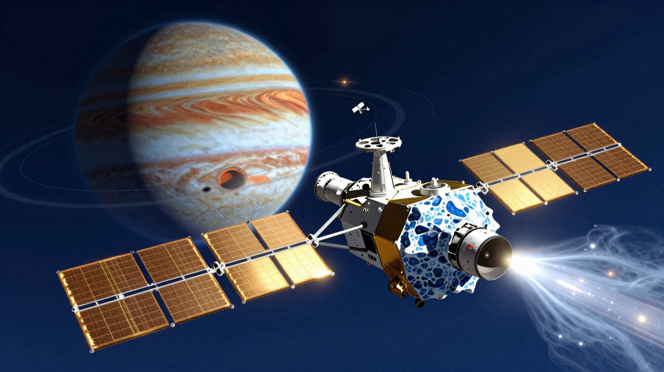 Sonda espacial viajando próxima a Júpiter com painéis solares e propulsão acionada no espaço.