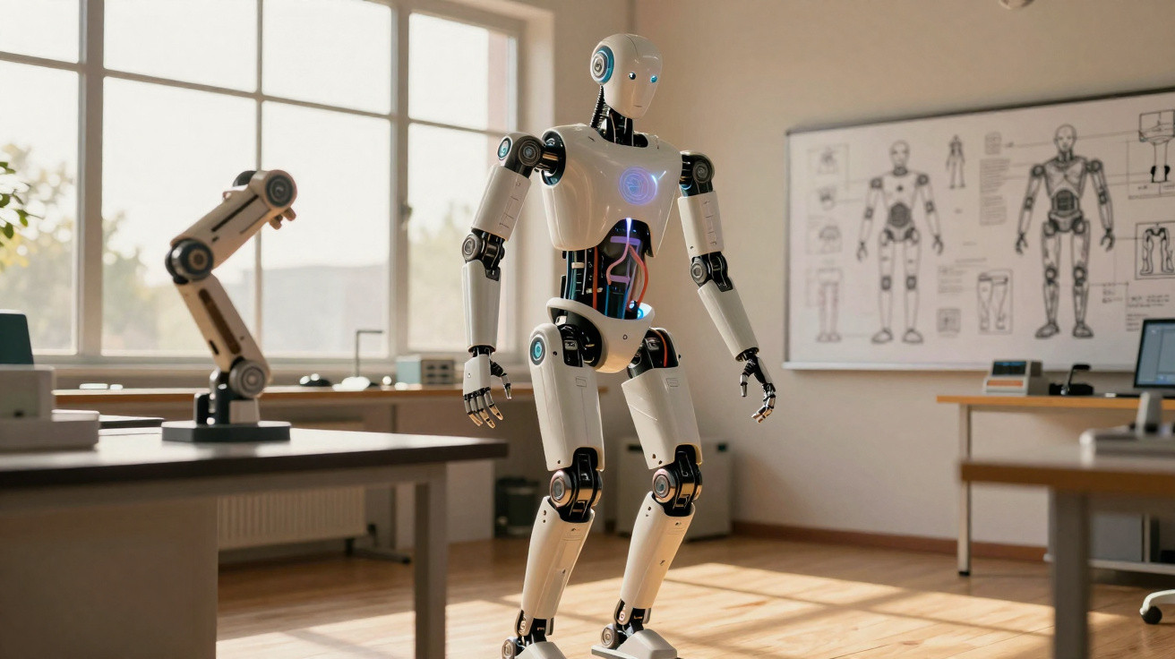 Robô humanoide branco em laboratório tecnológico com diagramas de robôs ao fundo e luz natural entrando pela janela.