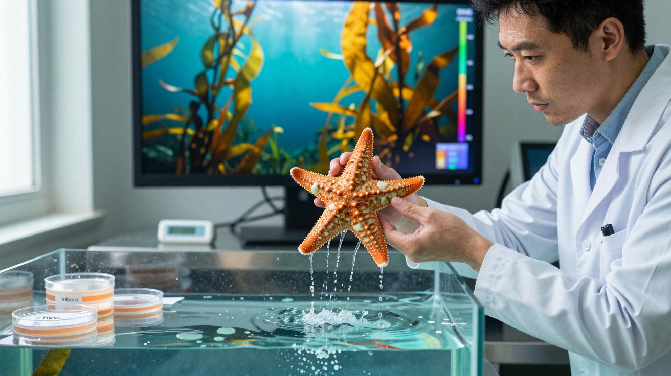 Cientista segurando estrela-do-mar sobre tanque de água em laboratório com imagem de fundo marinho.
