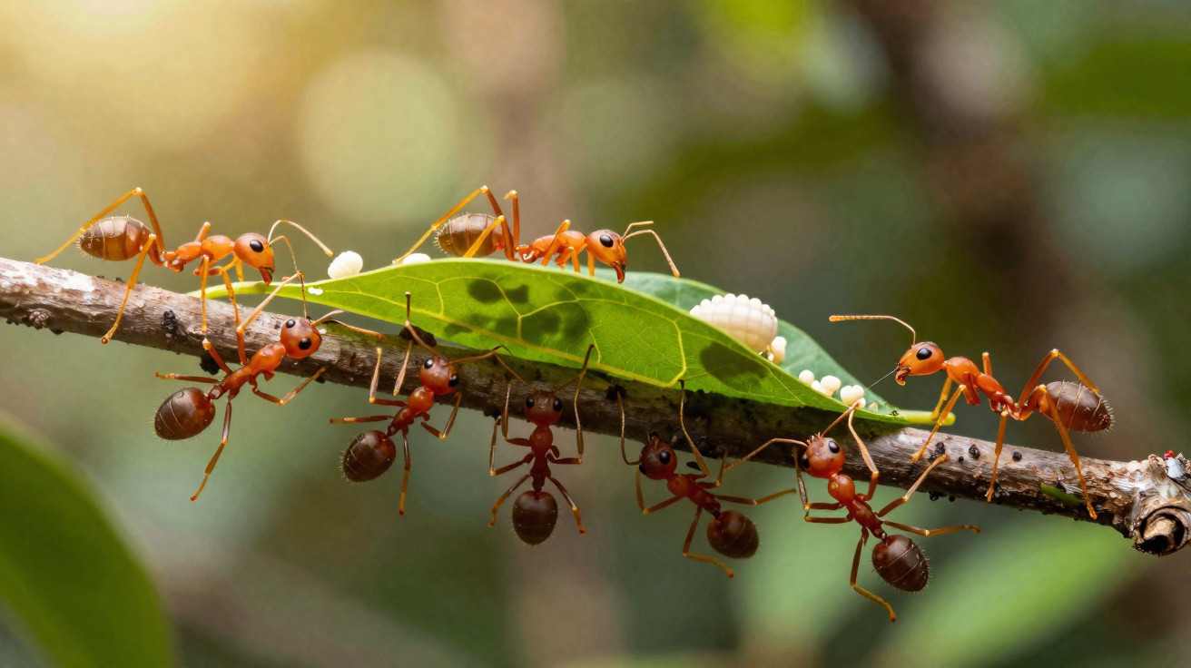 Formigas vermelhas carregando folhas e ovos sobre um galho com fundo desfocado verde.