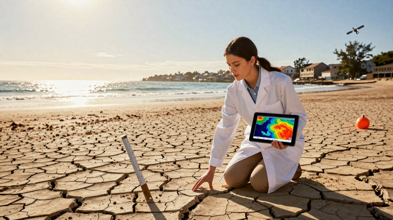 Cientista mulher em jaleco analisa solo seco e rachado na praia com tablet mostrando dados climáticos.