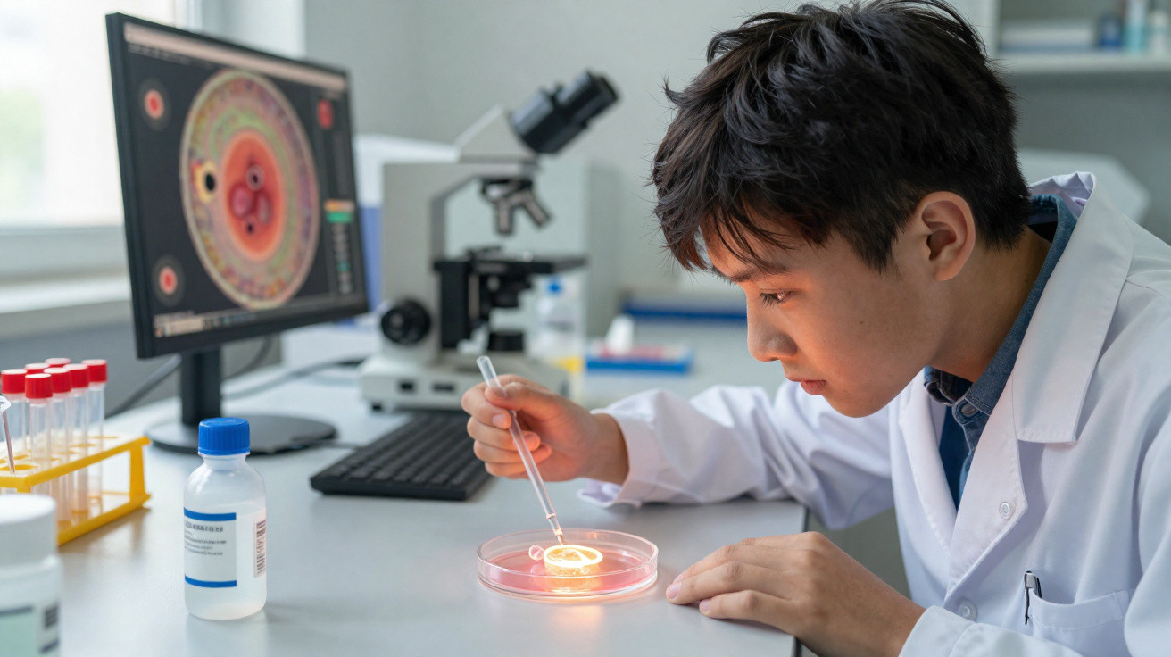 Cientista jovem em laboratório usando pipeta para manipular amostra em placa de Petri iluminada.