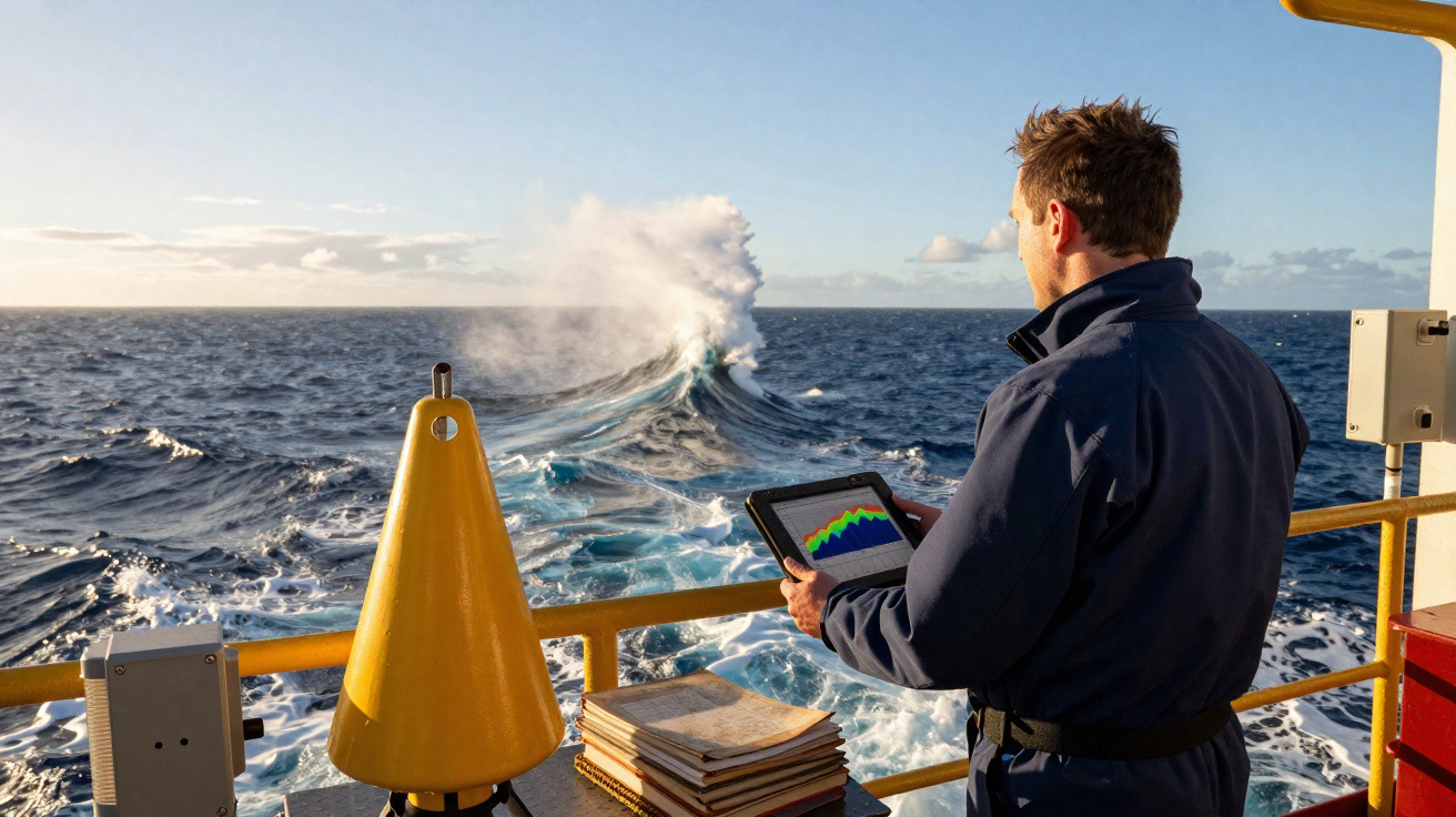 Homem observa o mar agitado segurando tablet com gráfico em plataforma offshore ao entardecer.
