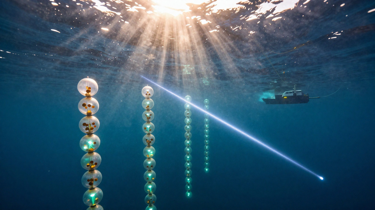 Imagem subaquática de esferas transparentes suspensas em colunas e um barco na superfície com raios de sol penetrando a água.