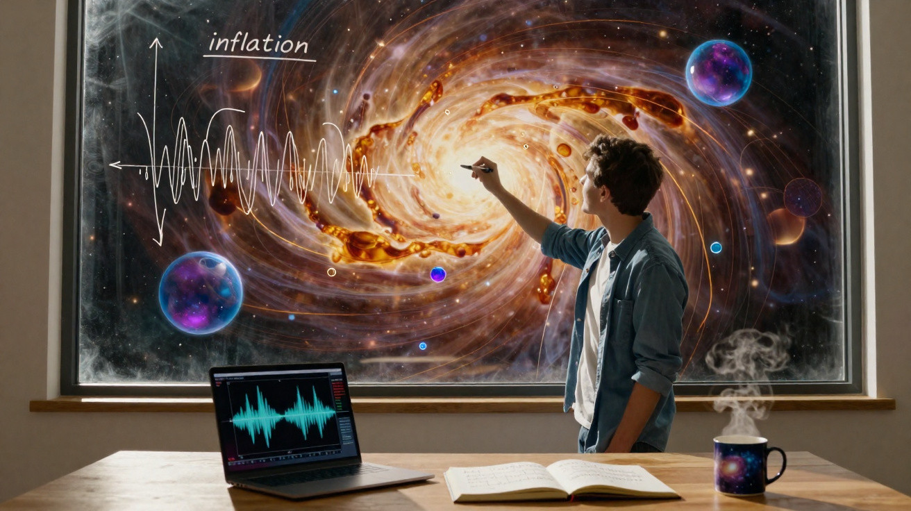 Jovem estudando gráficos e equações à frente de uma janela com imagem de galáxia e planetas no espaço.