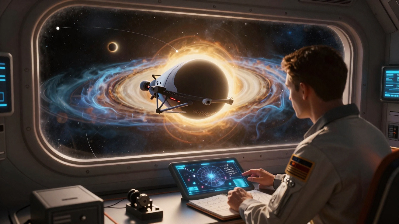 Astronauta observa buraco negro com espaçonave em janela de nave espacial futurista no espaço sideral.