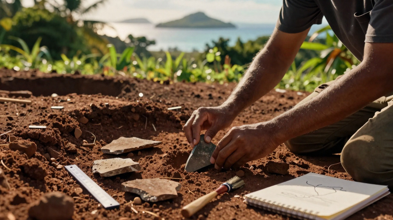 Mãos de arqueólogo escavando fragmentos de cerâmica em solo ao ar livre com caderno de anotações e paisagem ao fundo.